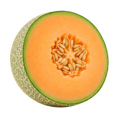 Ripe melon fruit cut open to reveal its sweet, juicy flesh with visible seeds, isolated on...
