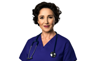 Female healthcare professional, nurse, with stethoscope, cut out transparent