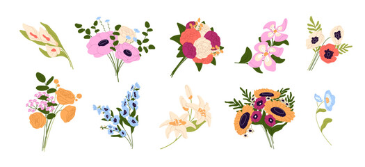 Set of elegant bouquets. Different bunches of cut lilies, roses, peonies, forget me not flowers. Posies of wildflowers, meadow and garden bloom plants. Flat isolated vector illustrations on white