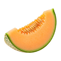 Melon slice with bright orange flesh and seeds visible, isolated on transparent background, perfect for tropical food designs, healthy eating recipes, and vibrant fruit photography.