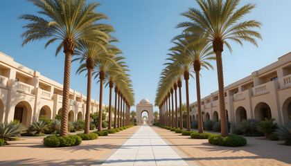 Fototapeta premium A luxurious desert resort entrance lined with perfectly planted palm trees.