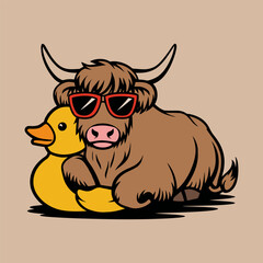 Funny Highland Cow with Sunglasses and Duck Float Illustration
