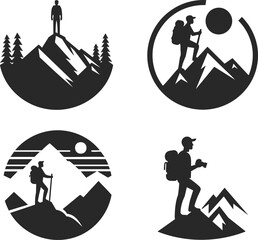 Set of Hiking and Trekking Badge Icons, Featuring Silhouettes of Male Hikers with Backpacks in Mountain and Nature Landscapes
