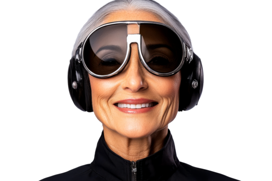 Senior woman with aviator goggles and headset, cut out transparent - Powered by Adobe