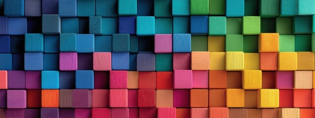 A colorful arrangement of wooden cubes organized in a gradient pattern, creating a vibrant and artistic geometric display.