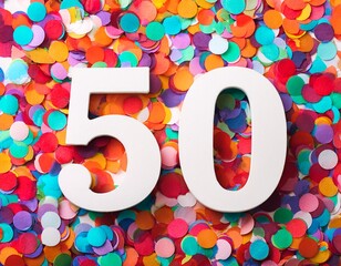 Number 50 with confetti. Photo for fiftieth birthday or anniversary party