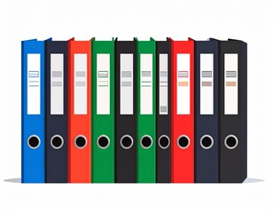 Row of colorful ring binders with labels, organized and ready for document storage