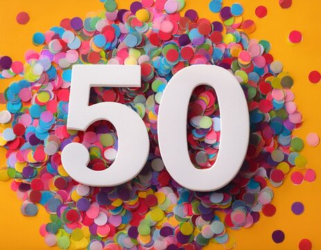 Number 50 with confetti. Photo for fiftieth birthday or anniversary party
