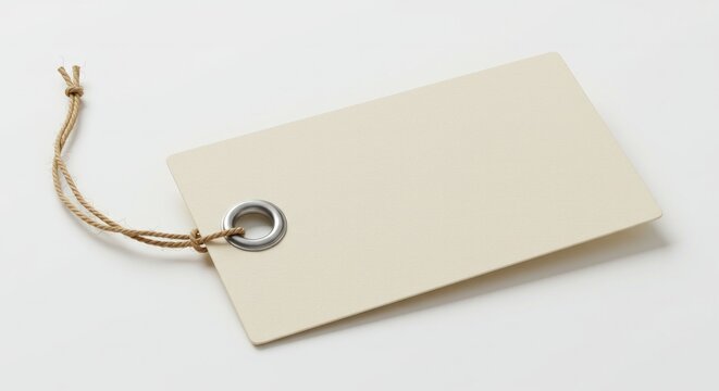 Elegant rectangular tag with natural jute string on a pristine white backdrop