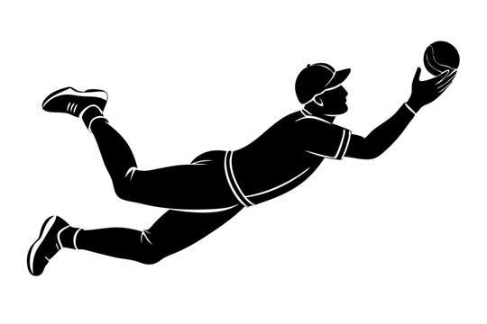 Baseball player diving silhouette illustration vector graphic on white background, baseball, player, diving, silhouette, vector, graphic, illustration, sport, action, athleticism, reaching, catching