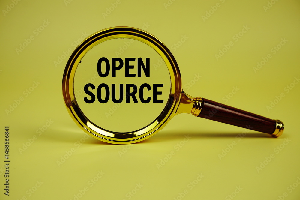 Poster open source text with magnifying glass on yellow background
