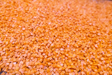 Bright diced carrot pieces fall from the shredder&rsquo;s collector onto a moving mesh conveyor belt before entering the shock-freezing chamber.