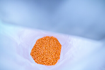 Bright diced carrot pieces, after passing through the shock-freezing chamber, are packaged in...
