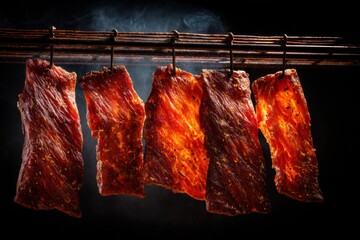 Traditional Dried Meat Hanging on Sticks Against Dark Background