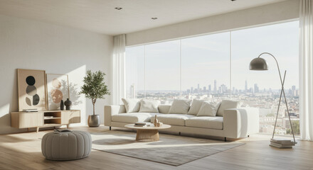 Fototapeta premium A bright and airy living room with a cityscape view, creating a relaxing ambiance.