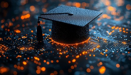 Graduation cap on glowing circuit board