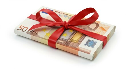 Elegant Stack of Euro Bills Tied with a Festive Red Ribbon on White