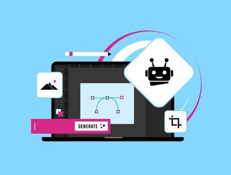 AI-powered design tools generate creative marketing materials with automation, branding and layout suggestions for business promotion. Ai design assistant vector illustration and icons