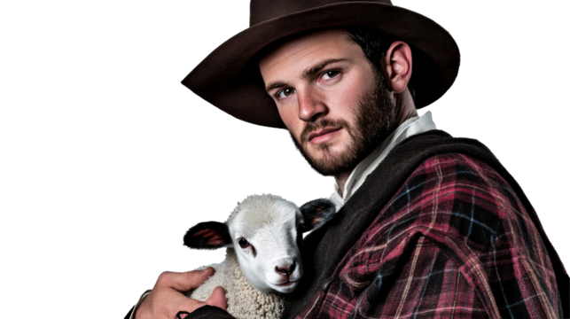 Shepherd in hat with lamb in arms, caring portrait, cut out transparent