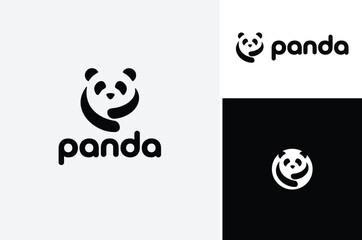 A simple silhouette black and white of Cute Panda Hug logo design