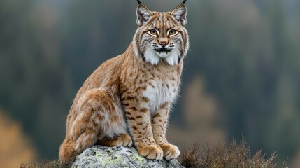 Obraz premium Wildcat perched on rock, autumnal backdrop