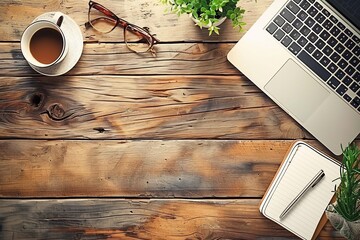 Overhead view of workspace with laptop, coffee, notebook, and plants arrangement