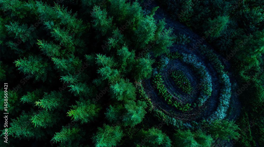 Poster transmitting aerial shot of a forest experimental plot with a unique circular planting radiation pat