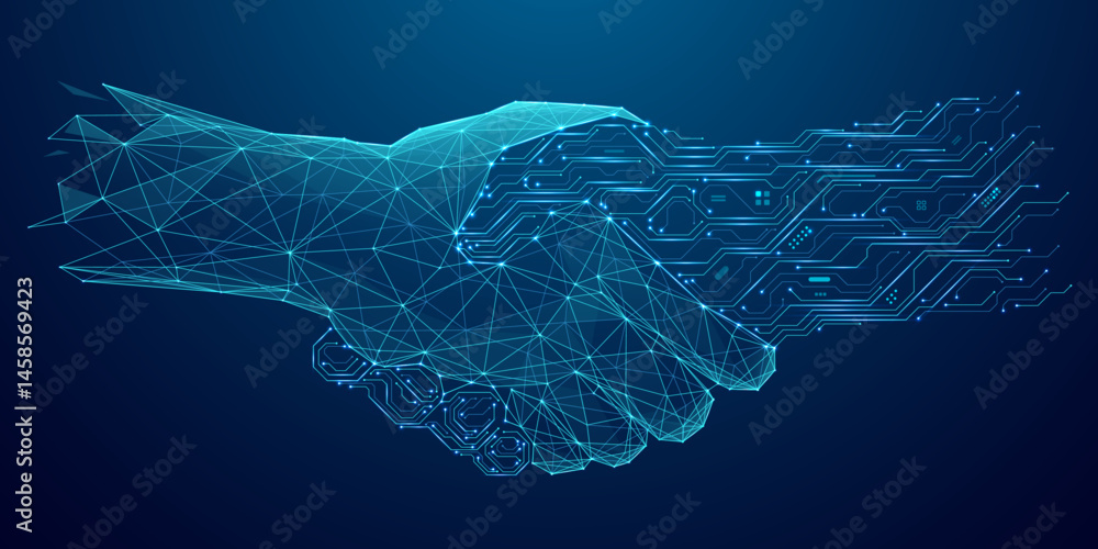 Poster Digital partnership concept. A man and an AI robot engaging in a handshake. Abstract technology blue background. Great for a web banner or a presentation bg. Tech vector illustration.