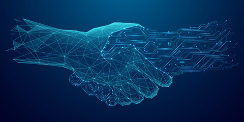 Digital partnership concept. A man and an AI robot engaging in a handshake. Abstract technology blue background. Great for a web banner or a presentation bg. Tech vector illustration.