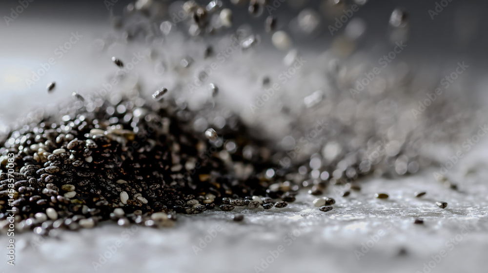 Poster unused chia seeds creating an interesting texture and normal on a white surface.