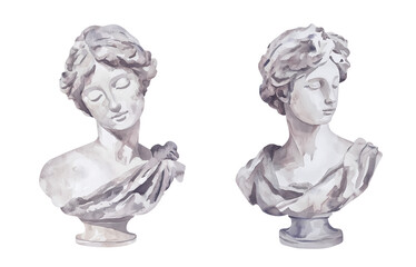 Marble bust of woman. Realistic watercolor illustration set of monumental stone sculpture of ancient times. Isolated clipart with clear even edge on transparent background