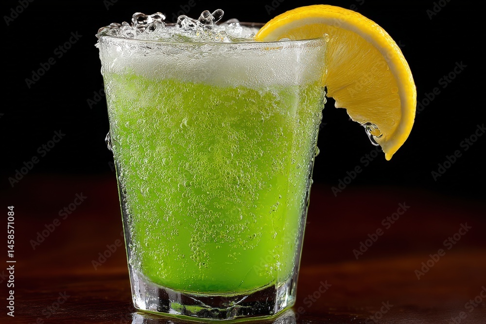 Poster refreshing green beverage served in a glass filled with ice cubes and bubbles showcasing a bright le
