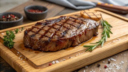 Juicy Grilled Ribeye Steak on Wooden Board with Rosemary and Spices