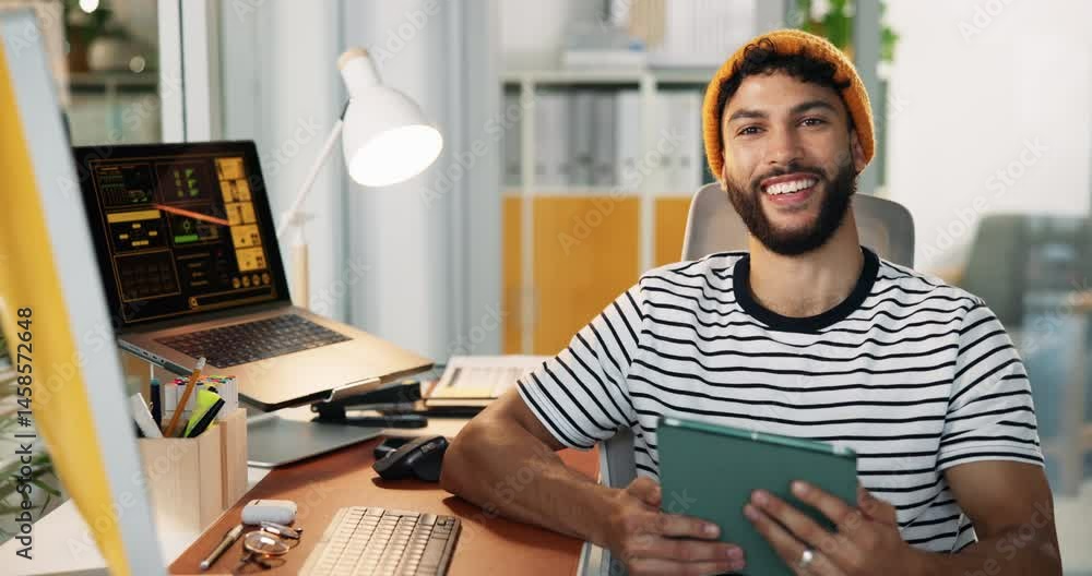 Poster Man, face and tablet with smile at startup, review or scroll with application for job with web traffic. Person, social media marketing and happy in portrait, results and feedback at office in Mexico