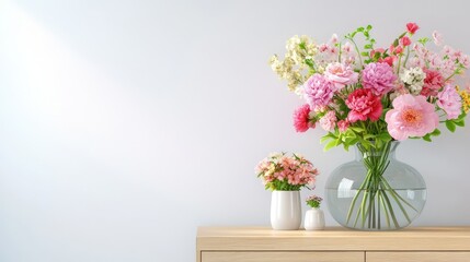 Modern decor scene with flowers in glass vase on wooden commode, copy space left side