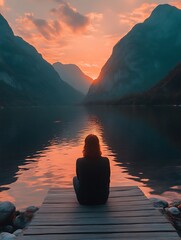 Woman on Dock at Lake Sunset