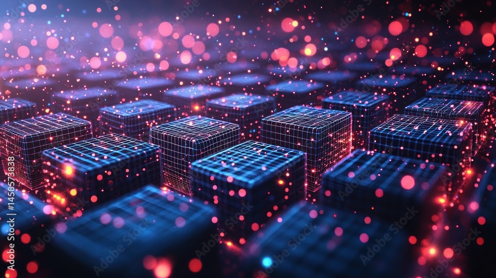 Wall mural abstract cubes in a digital grid with sparkling lights