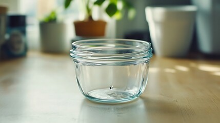 Elegant Minimalism: Clear Glass Jar with Water Droplet on Wood Table