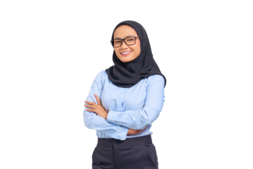 Portrait of smiling young Asian woman standing with crossed arms, looking at camera isolated on transparent background