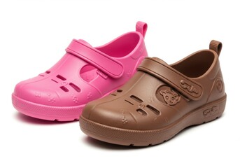 Fototapeta premium Close up of pink and brown children shoes on a white background