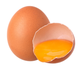 Chicken eggs and egg in eggshell half isolated, egg macro studio photo, transparent PNG, cut out