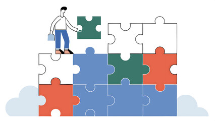 Naklejka premium finding solution or search for last missing piece to finish or complete work leadership mission or business difficulty concept businessman standing on uncompleted jigsaw looking for missing piece