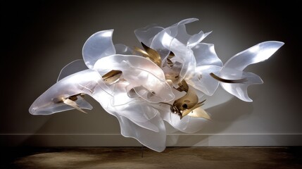 Translucent sculpted artwork with overlapping organic forms, acrylic and gold-toned metallic elements on display
