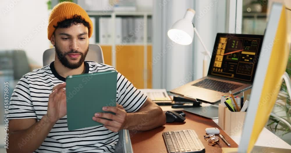 Poster man, trader and tablet with internet in office, review or fintech app for stock market stats. male p