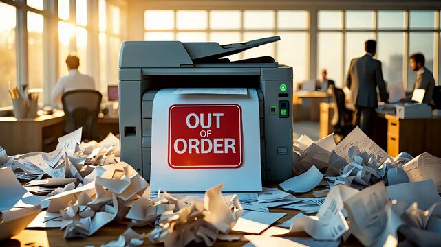 Broken Printer Chaos in Office Close-Up Morning Light