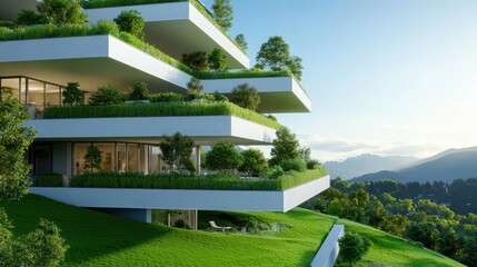 Stunning eco-friendly architecture with lush greenery on a hillside.