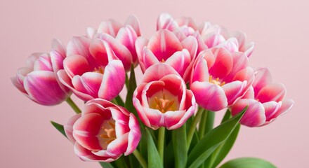 Fototapeta premium Exquisite pink tulips in full bloom against a soft pink backdrop creating serene beauty