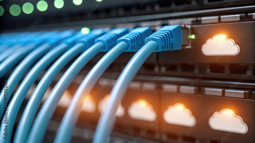 Poster network cables connected to a server, with cloud icons illuminated, representing data transfer and c