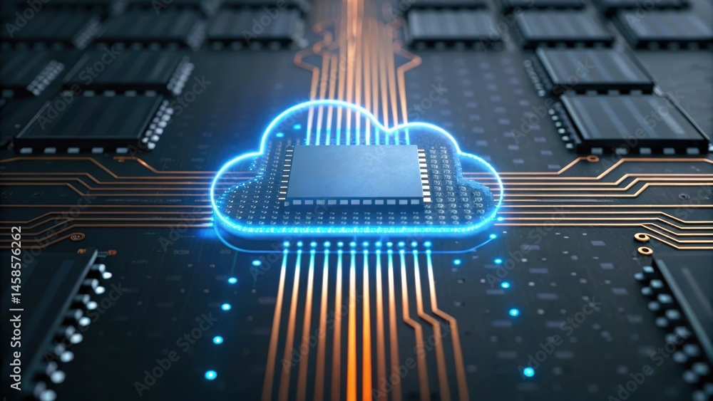 Poster digital illustration of a cloud computing concept with circuit board elements, showcasing technology