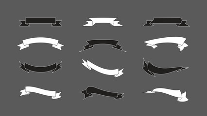 Collection of graphic ribbon banners in black and white tones on gray background